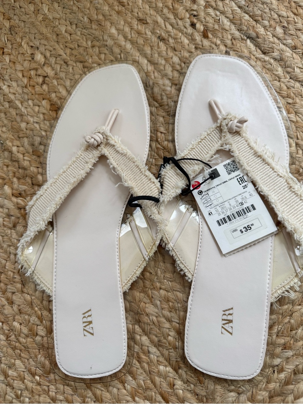 Zara Cream Frayed-Edge Thong Sandals